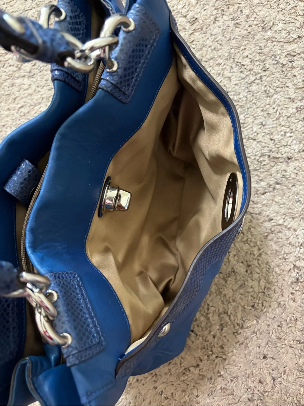 Coach Penelope Cobalt Blue Leather Tote Bag Snakeskin Trim EUC